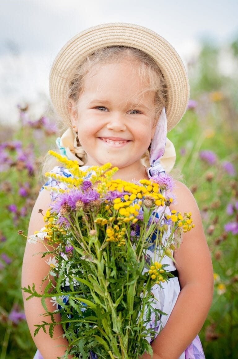 girl, flowers, hat, field, meadow, kid, happiness, joy, smile, nature, flower background, hat, kid, joy, flower wallpaper, joy, beautiful flowers, joy, joy, joy, smile, smile